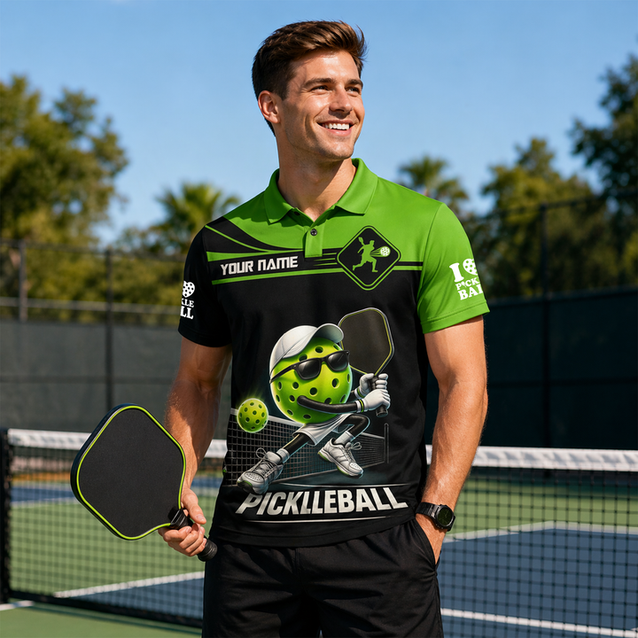 Custom Funny Pickleball Polo Shirt Black Green