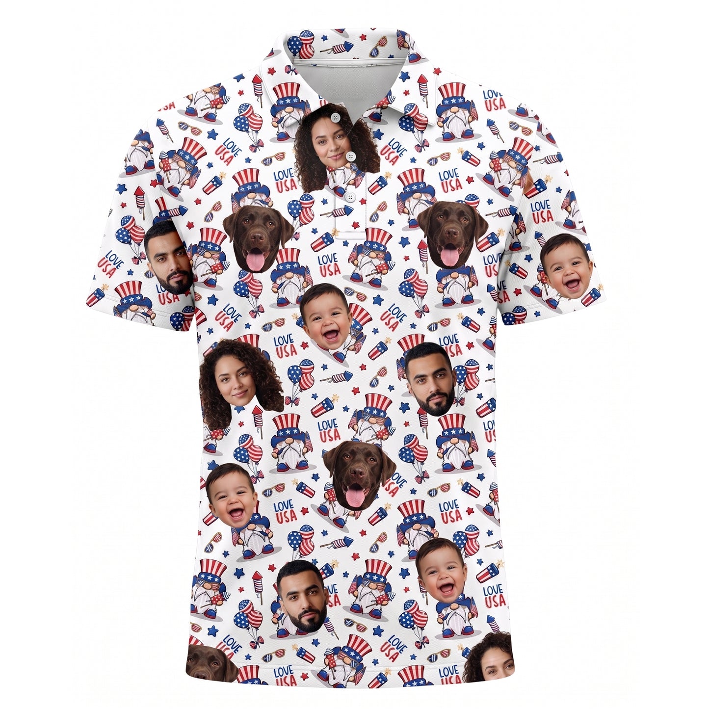 Custom Face American Flag Gnome Polo Shirt
