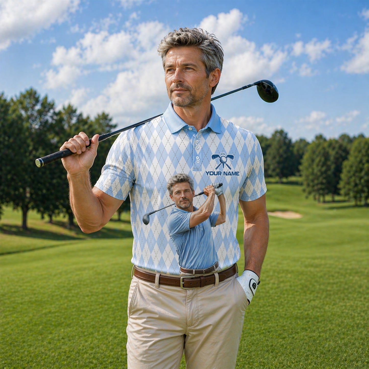 Custom Argyle Golf Polo Shirt Light Blue