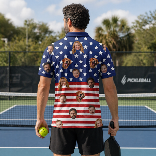 Custom Face American Flag Polo Pickleball Shirt