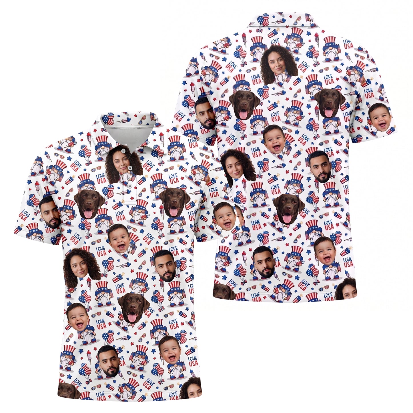 Custom Face American Flag Gnome Polo Shirt