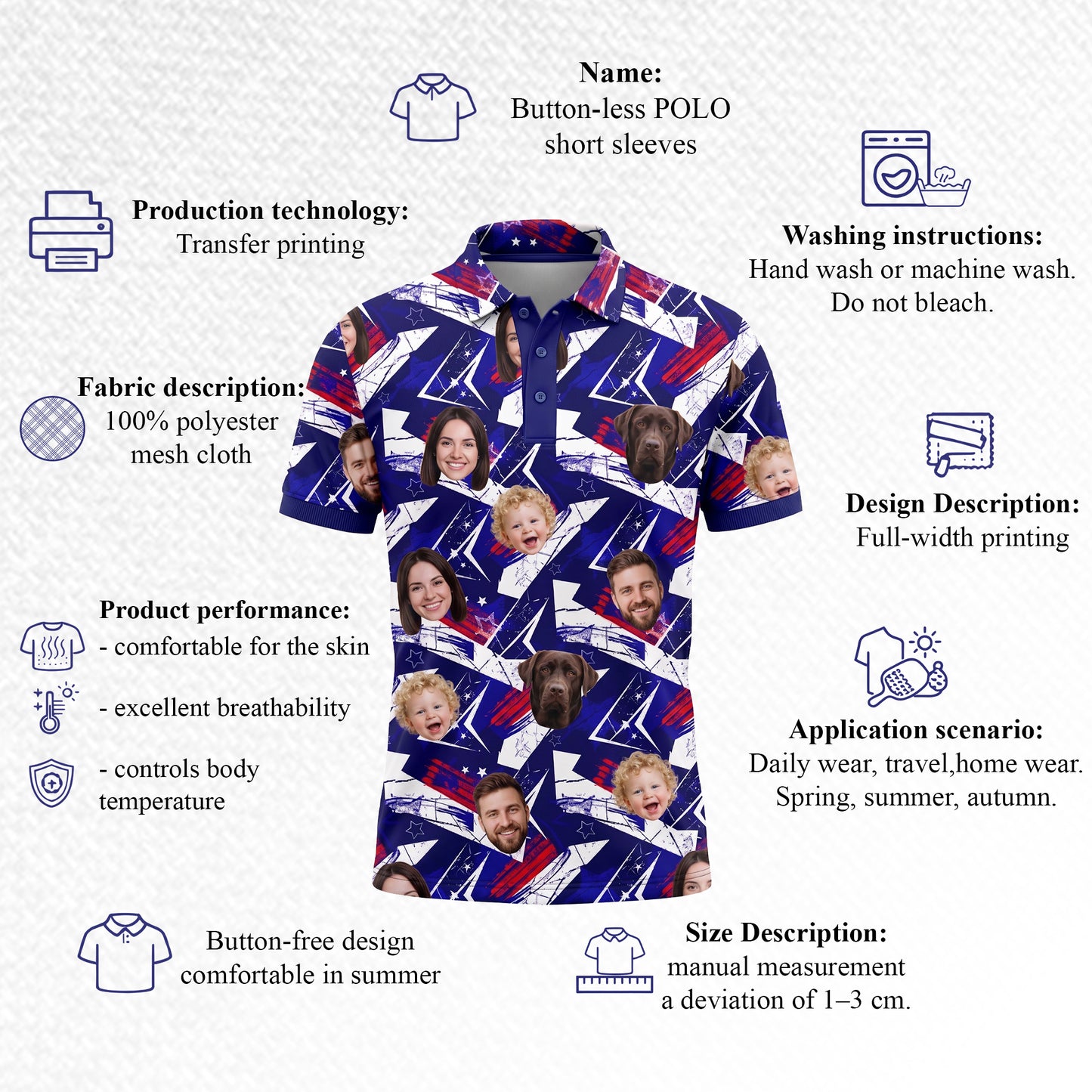 Custom Face Polo Shirt Blue Star Pattern