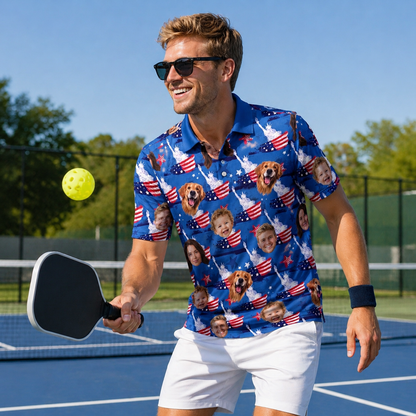 Custom Face American Flag Pickleball Polo Shirt
