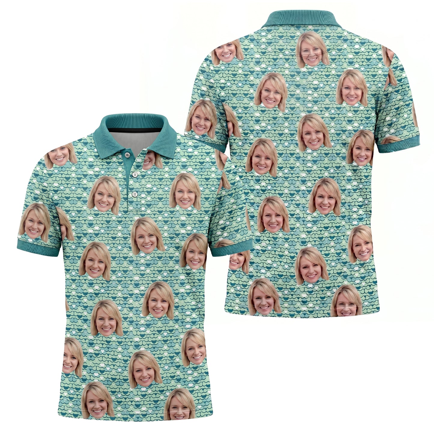Men's Custom Face Photo Print Polo Shirt Teal Scale