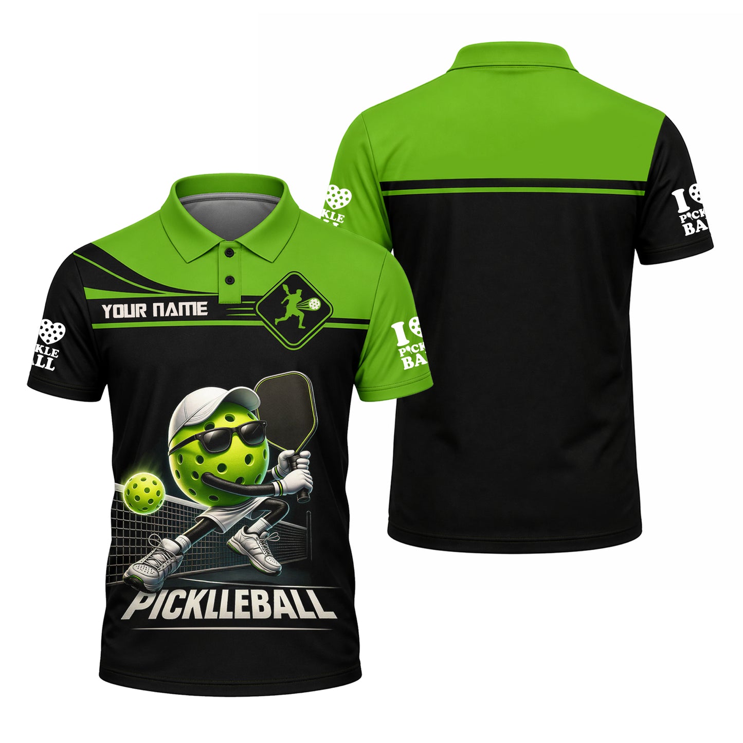 Custom Funny Pickleball Polo Shirt Black Green