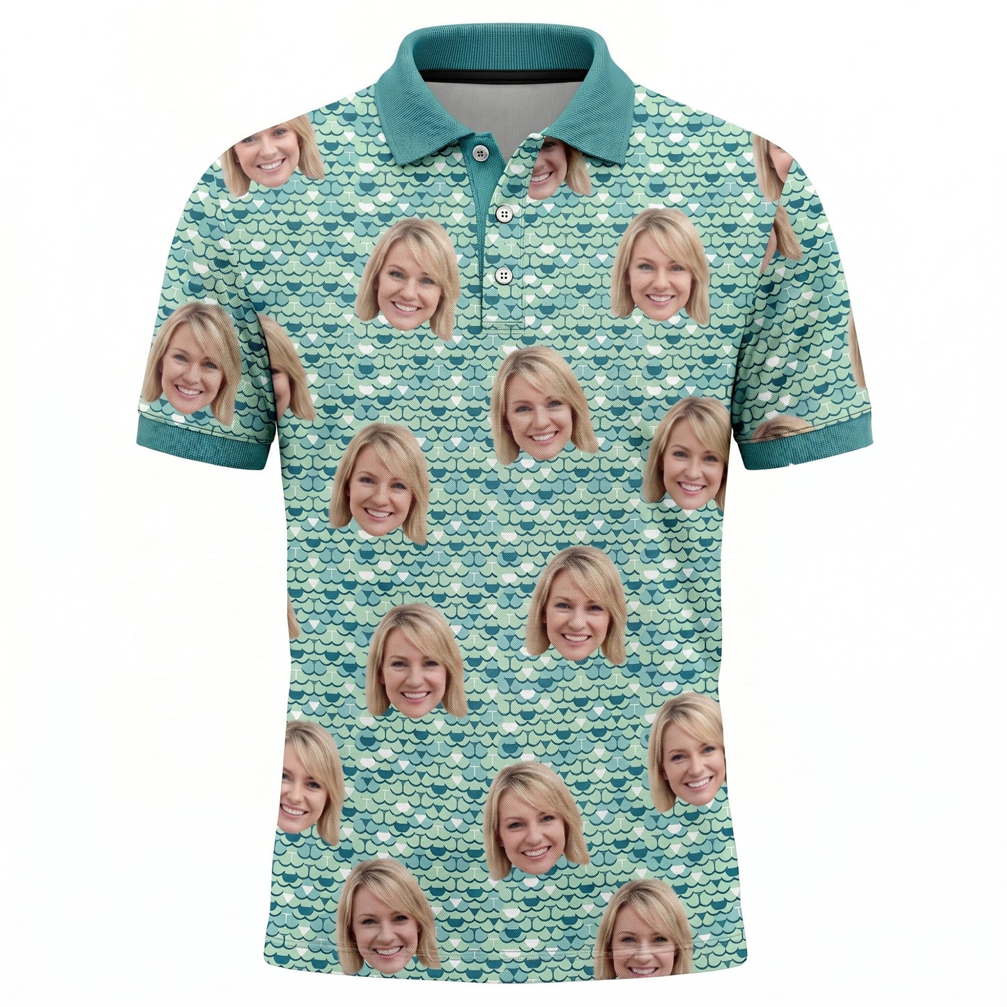 Men's Custom Face Photo Print Polo Shirt Teal Scale