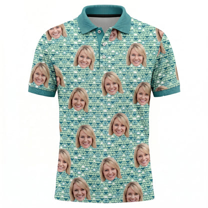 Men's Custom Face Photo Print Polo Shirt Teal Scale