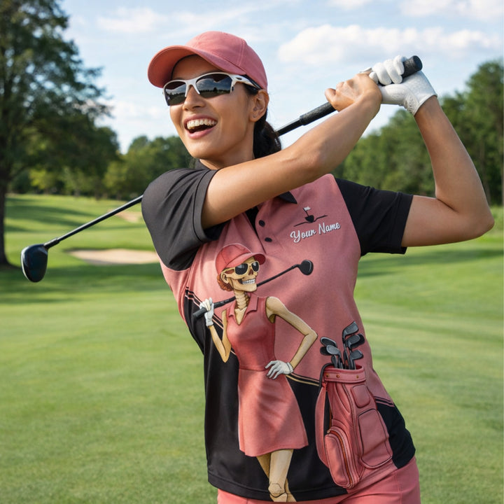 Women Golf Polo Shirt Funny Skeleton Golfer Talk Birdie To Me Custom Name Breathable Performance Polo