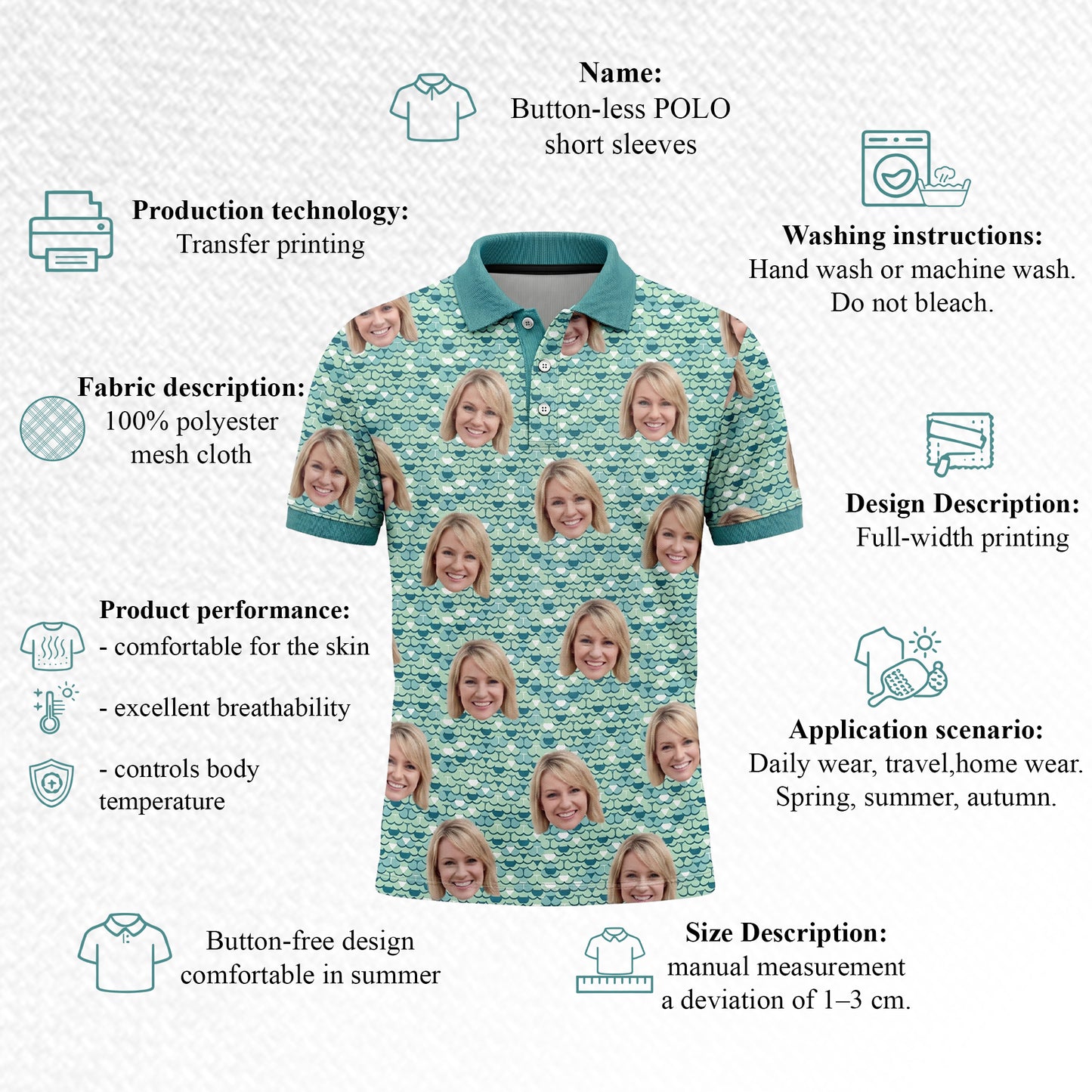 Men's Custom Face Photo Print Polo Shirt Teal Scale