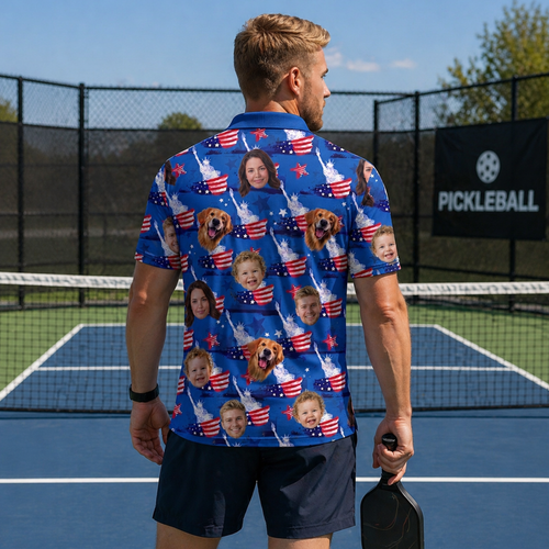 Custom Face American Flag Pickleball Polo Shirt