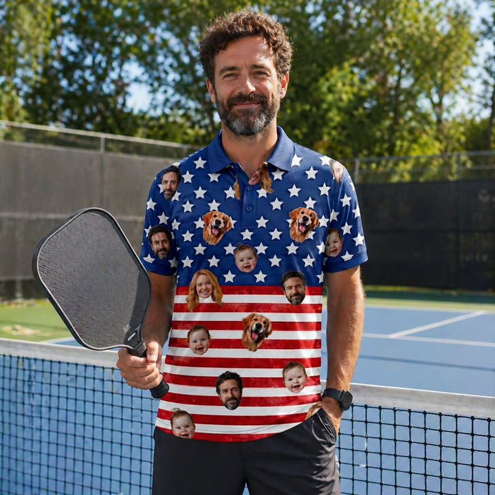 Custom Face American Flag Polo Pickleball Shirt