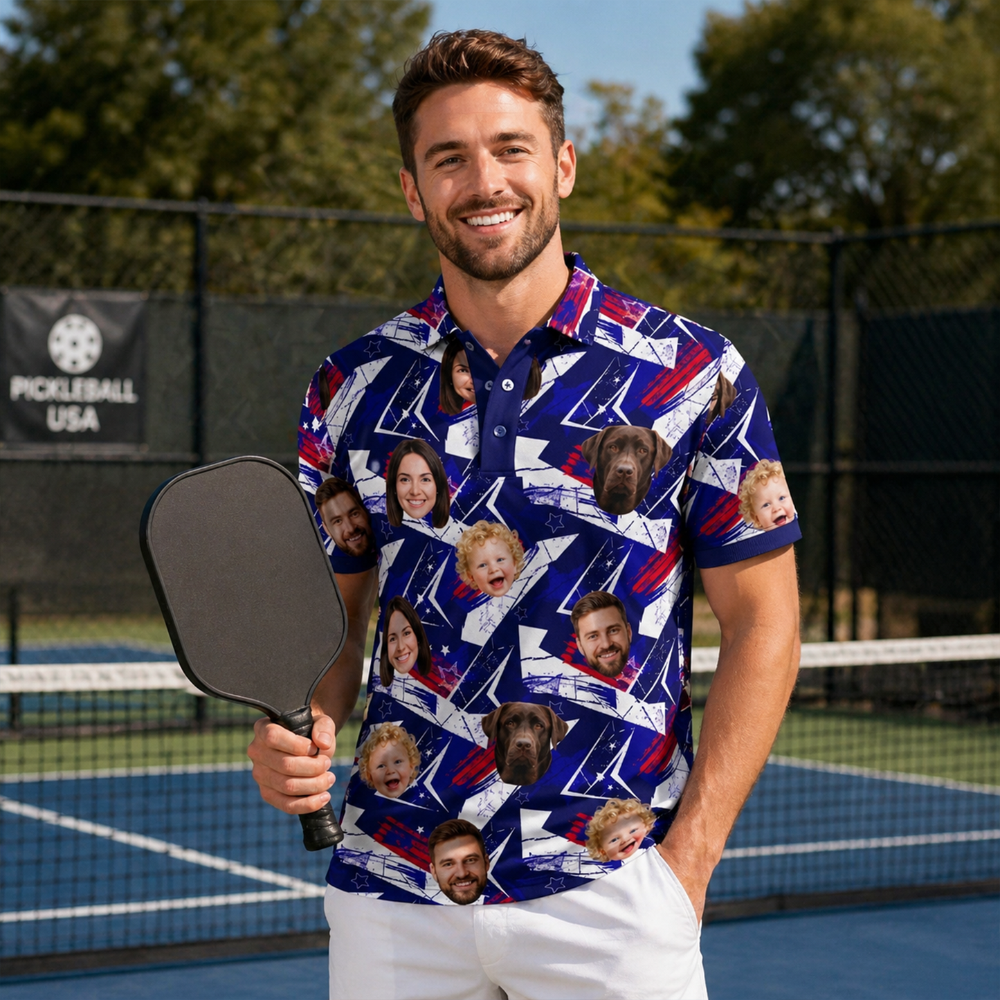 Custom Face Polo Shirt Blue Star Pattern