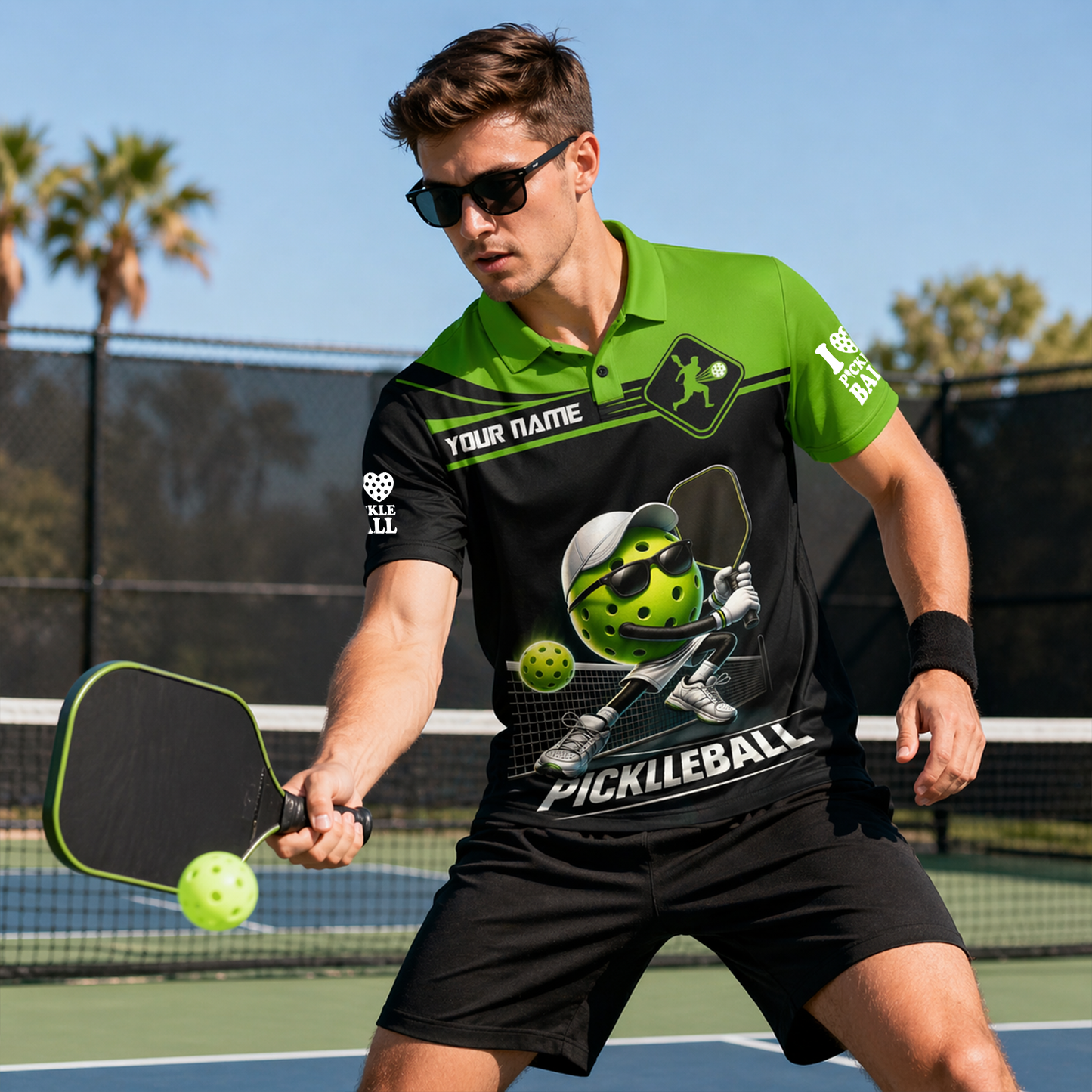 Custom Funny Pickleball Polo Shirt Black Green