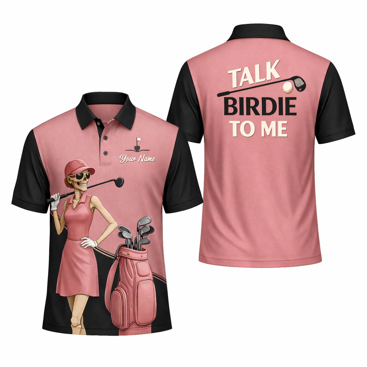 Women Golf Polo Shirt Funny Skeleton Golfer Talk Birdie To Me Custom Name Breathable Performance Polo