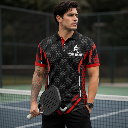 Custom Black Red Pickleball Polo Shirt
