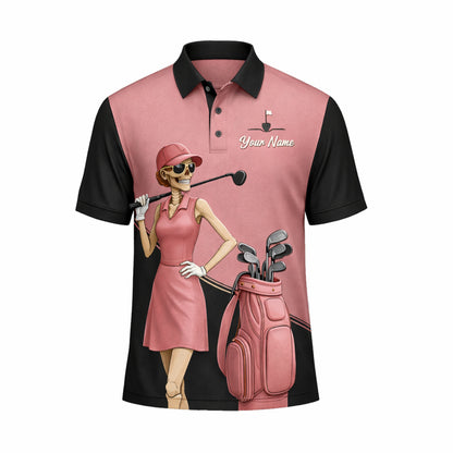 Women Golf Polo Shirt Funny Skeleton Golfer Talk Birdie To Me Custom Name Breathable Performance Polo