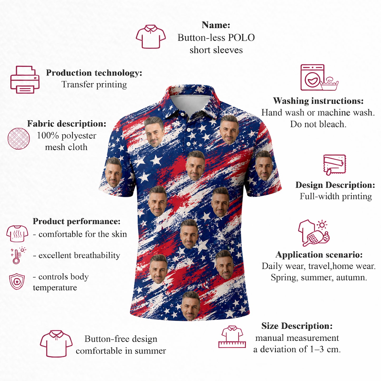 Custom Face Polo Shirt American Flag Pattern