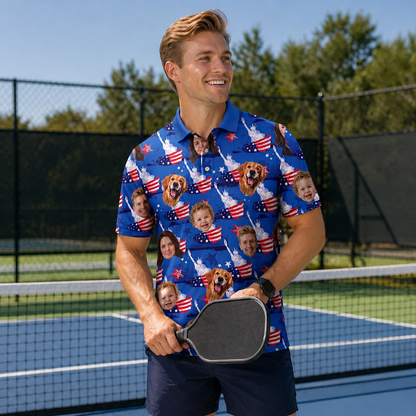 Custom Face American Flag Pickleball Polo Shirt