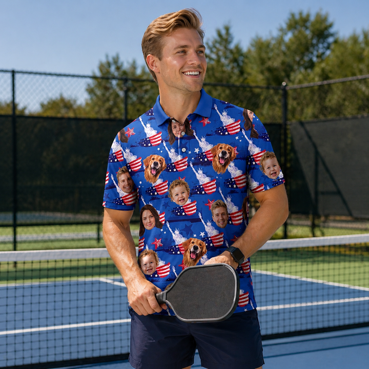 Custom Face American Flag Pickleball Polo Shirt