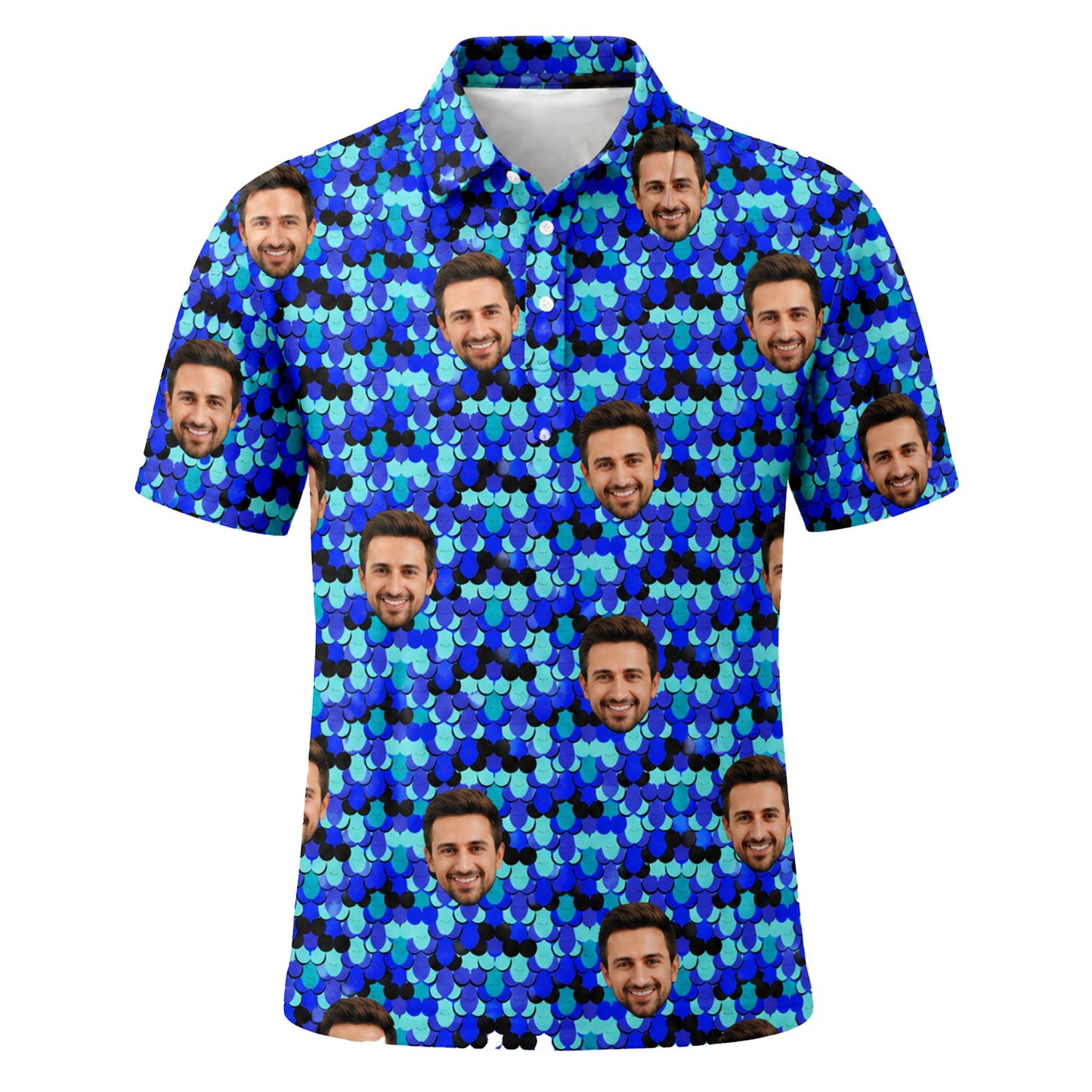 Custom Face Blue Fish Scale Polo Shirt