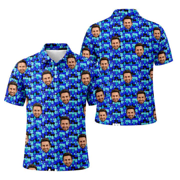Custom Face Blue Fish Scale Polo Shirt