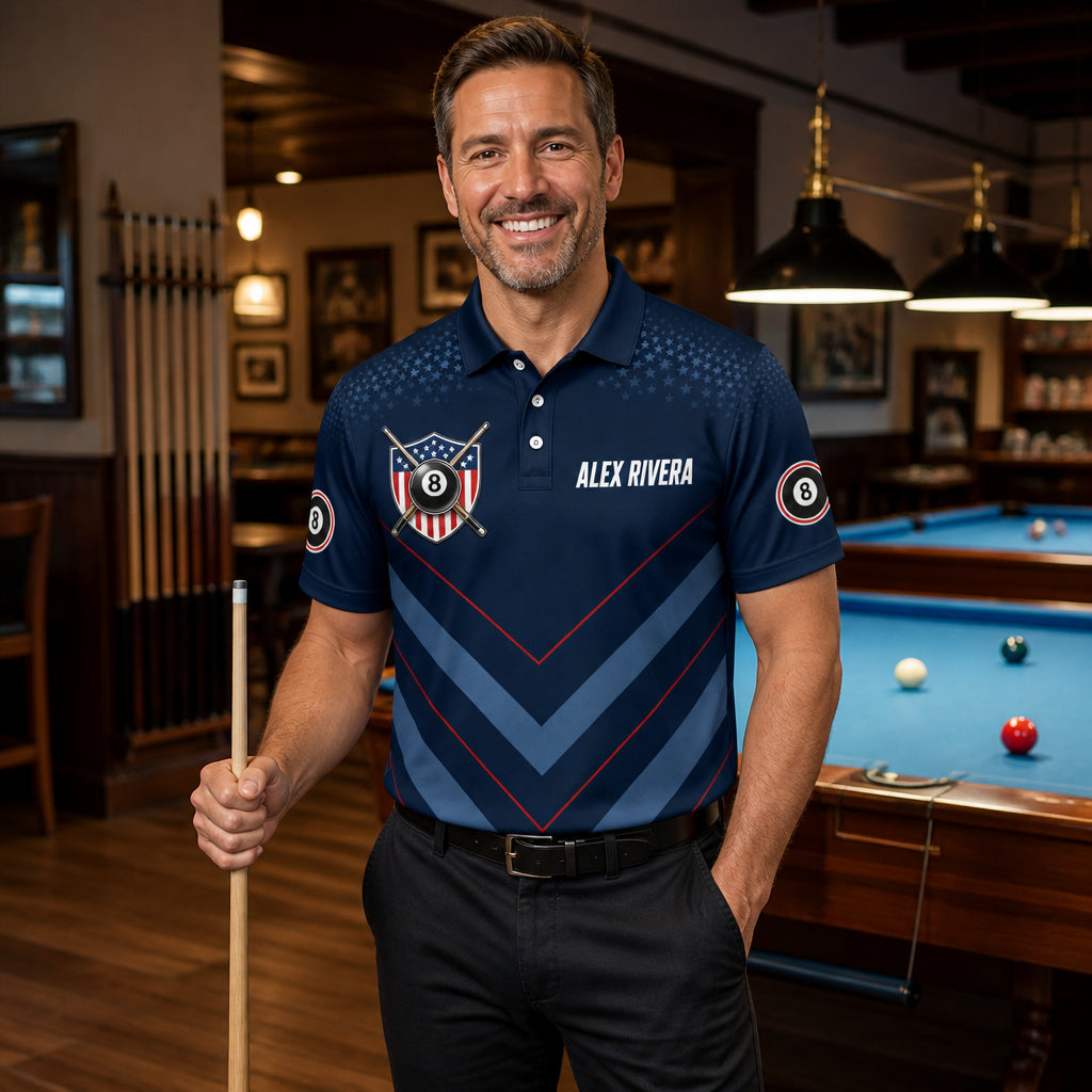 Custom Billiards Team AOP Polo – USA Shield – Name & Team - Lifestyle 1
