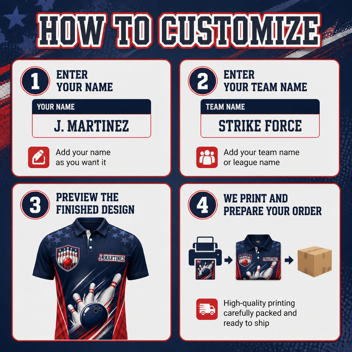 Patriotic Bowling Team Polo – Custom Team & Player Name - How to customize