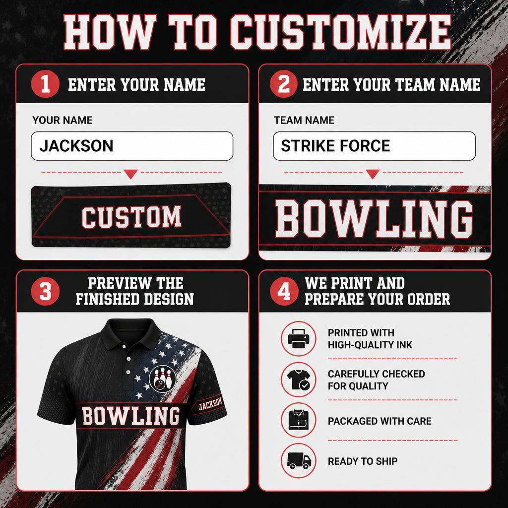 Custom Bowling Team USA Flag AOP Polo - How to customize
