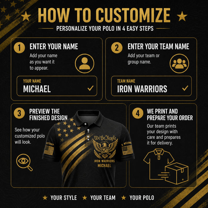 We the People 250 — Custom Name Patriotic Polo - How to customize