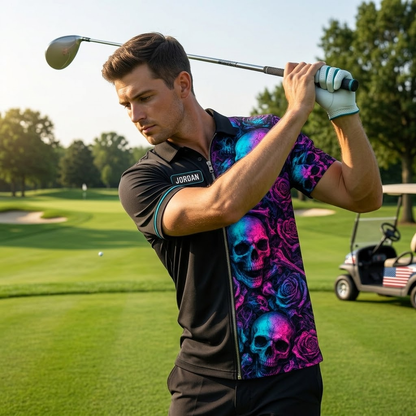 Neon Skull Golf Polo Shirt - Personalized Name All Over Print