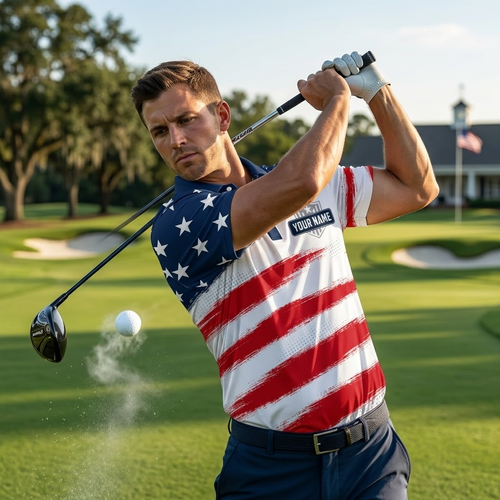 USA Flag Golf Polo Shirt - Personalized Name All Over Print